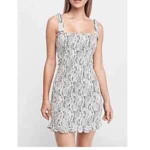 Express smocked small black white snake print dress womens tie mini
